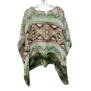 Chicos Top Womens Small Medium Green Brown Geometric Linen Blouse Poncho Boho